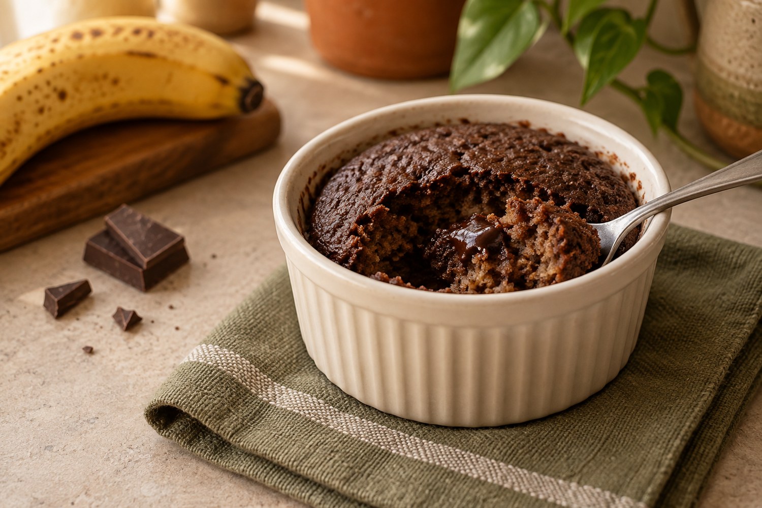 Falso Petit Gâteau de Banana e Chocolate em ramequim, com chocolate derretido no centro
