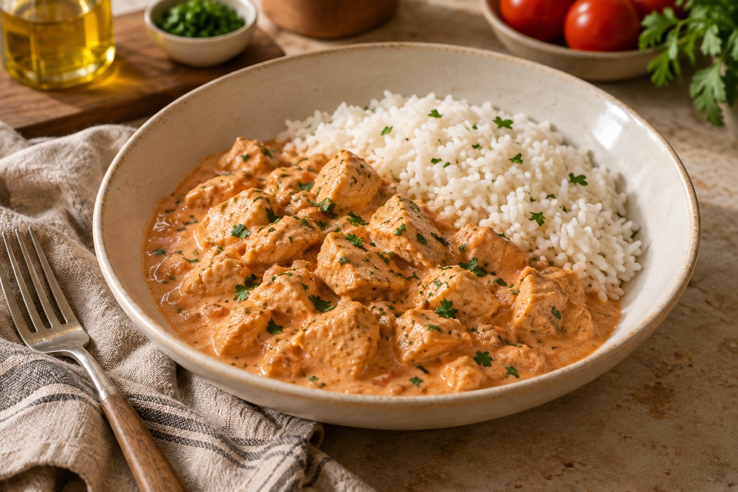 Strogonoff Fit de Frango com molho cremoso, servido ao lado de arroz branco